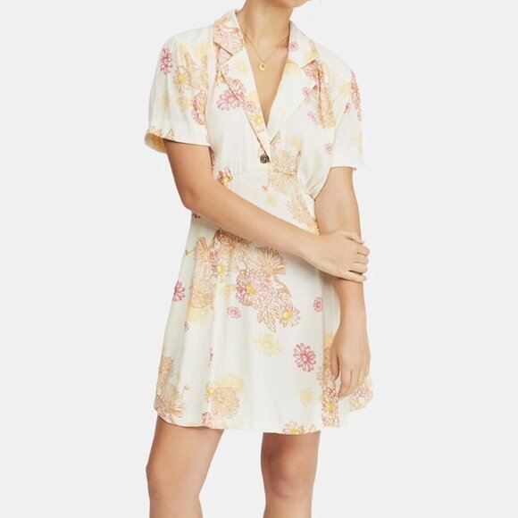 Free People Hawaii Viscose Retro Floral Collared Short Sleeve Mini Dress - M - Picture 1 of 16